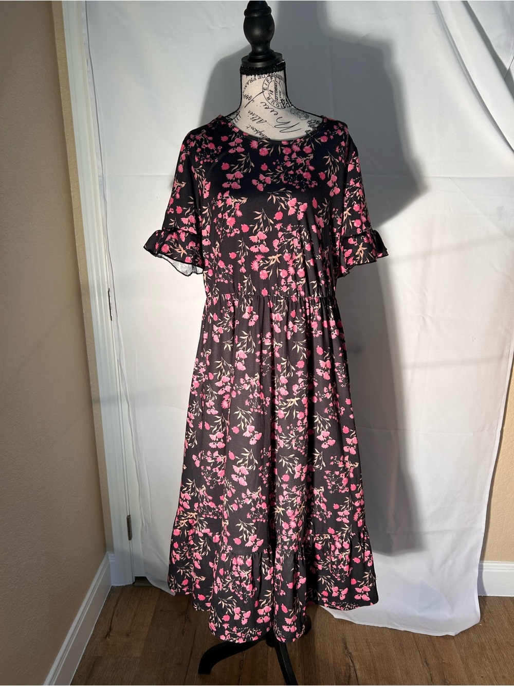 Black & Pink Floral Midi Dress with Ruffle Sleeves